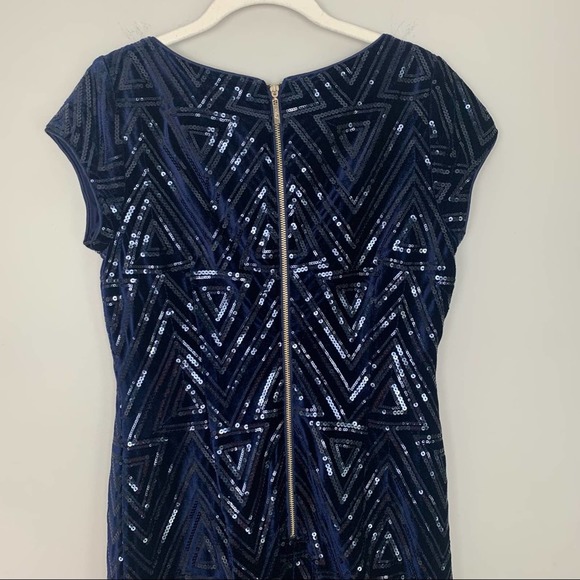Eliza J Sequin Velvet Sheath Dress Navy High Neck Short Sleeve Mini Size 6 - Picture 6 of 12